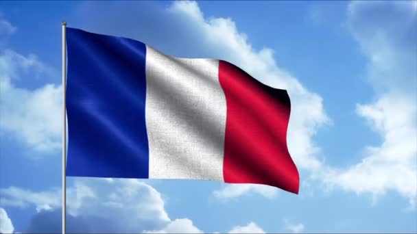 Bandiera sta sventolando splendidamente su sfondo di cielo nuvoloso. Mozione. Bandiera del paese sta sventolando sul pennone. 3D Bandiera francese in cielo — Video Stock