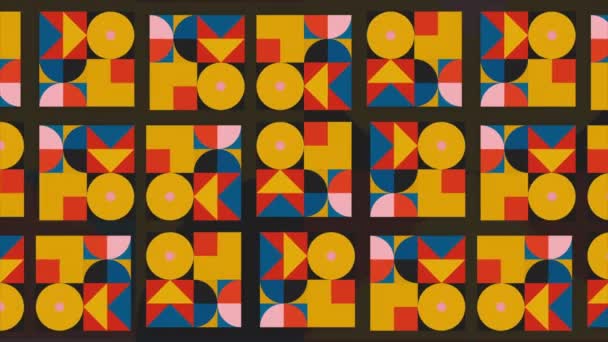 Squares with changing geometric shapes. Motion. Colorful changing patterns in squares. Looped change of geometric stylish pattern in squares. Retro style and motion design — Stock Video