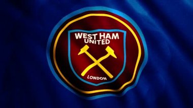 Hareket eden bayrağın armalı 3D animasyonu. Hareket. Futbol takımının armasını gösteren bir bayrak sallıyordu. Londra futbol takımının bayrağı