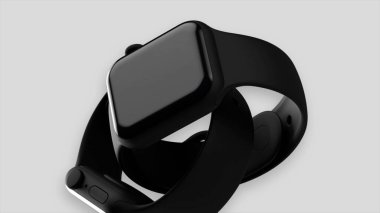 Beyaz arka planda izole edilmiş siyah, soyut saat bileziğini kapat. Hareket. Yeni modern akıllı saat aygıtı.