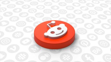 Akan ünlü sosyal ağların arka planında soyut Reddit İnternet forum simgesi. Hareket. Amerikan sosyal haber toplama logosu. Sadece yazı işleri için..