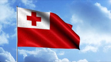 Hareket eden bulutların arka planında dalgalanan 3 boyutlu bayrak animasyonu. Hareket. Gökyüzünde bayrak direğinde güzel bir bayrak dalgalanıyor. İsviçre Bayrağı