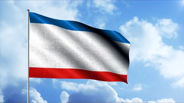 Flag of the Republic of Crimea. Motion. A light flag with white red and blue above the daytime sky overhead. — Stock Photo, Image