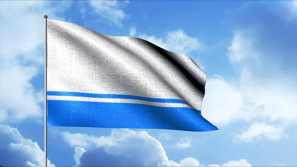 La luminosa bandiera di Altai. Mozione. La bandiera è bianca con due strisce blu in basso su un cielo blu con nuvole bianche. — Foto Stock