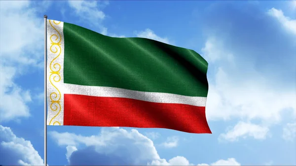 Флаг Чеченской Республики. Движение. Ярко-красный и зеленый патриотический символ страны, развивающийся над голубым небом в анимации. — стоковое фото