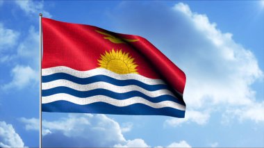 Bayrak direğindeki güzel bayrak gökyüzünün arka planında dalgalanıyor. Hareket. Ülkenin güzel bayrağı bulutlarla birlikte rüzgarda dalgalanıyor. Kiribati Bayrağı