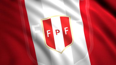 Geniş kırmızı ve beyaz çizgili ve amblemli Peru Milli Futbol Takımı bayrağı. Hareket. Spor anlayışı ve ulusal gurur. Sadece yazı işleri için..