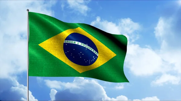 Drapelul Braziliei. Mişcare. Un steag în curs de dezvoltare al unei țări din America Latină, un simbol patriotic pe cerul zilei. — Fotografie, imagine de stoc