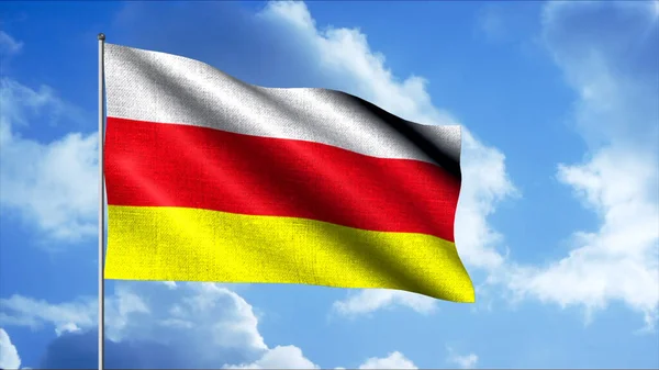 Waving flag of South Ossetia, seamless loop. Motion. Waving tricolor flag on flagpole on the background of blue sky and clouds. — Stock Photo, Image