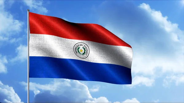Paragwajska flaga narodowa machająca na wietrze, płynna pętla. - Wniosek. Biała, niebieska i czerwona flaga na niebieskim tle zachmurzonego nieba. — Zdjęcie stockowe