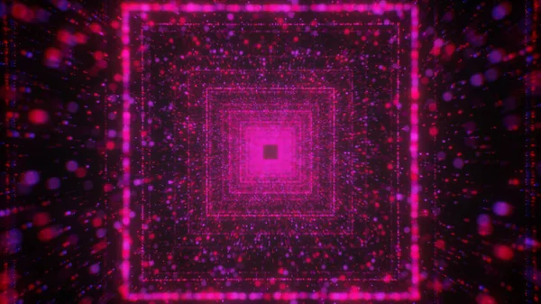 Túnel abstracto en el espacio exterior en colores rosa claro con siluetas cuadradas. Moción. Volando a través de la nube de partículas brillantes y un punto brillante. —  Fotos de Stock