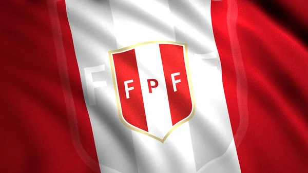 Drapelul echipei naționale de fotbal din Peru cu dungi largi roșii și albe și emblema. Mişcare. Conceptul de sport și mândrie națională. Doar pentru uz editorial. — Fotografie, imagine de stoc