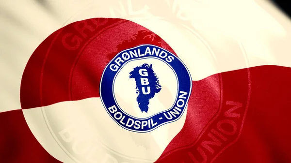 Voetbal Vereniging van Groenland zwaaien abstracte vlag, naadloze lus. Beweging. Realistische kabbelende vlag achtergrond. Uitsluitend voor redactioneel gebruik. — Stockfoto