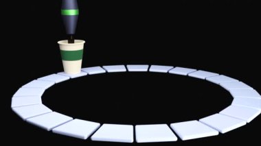 Soyut otomatik makine kahve hazırlıyor. Tasarım. Siyah arka planda izole edilmiş konveyör hattındaki kağıt bardağa americano kahvesi dökülüyor..