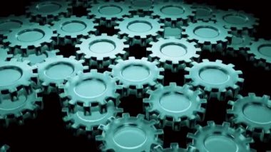 Siyah bir arka planda hareket eden ve dönen çarklar. Tasarım. Dönen mavi dişliler, teknoloji kavramı.