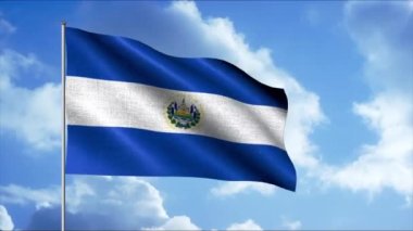 El Salvador Bayrağı rüzgarda sallanıyor, kusursuz döngü. Hareket. Mavi bulutlu arkaplanda beyaz ve mavi bayrak kumaşı.