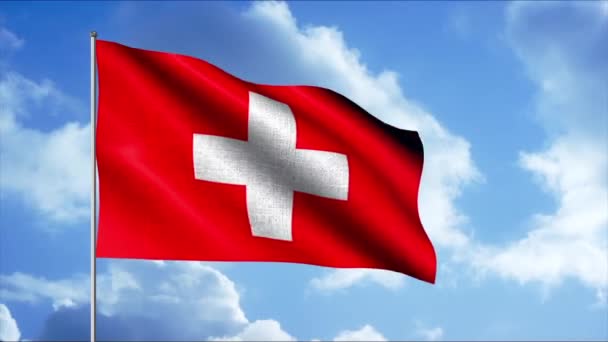 La bandera roja de Suiza. Moción. Una bandera roja con una cruz en el medio sobre un fondo azul del cielo. — Vídeo de stock