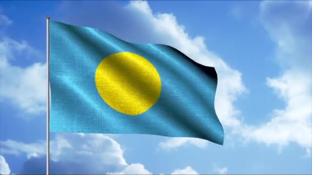 Bandera de Palau. Moción. Una bandera azul con un círculo amarillo en el centro por encima de las nubes flotantes por encima. — Vídeo de stock