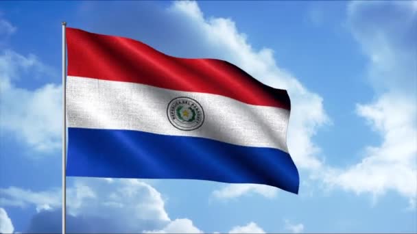 Bandeira nacional do Paraguai acenando ao vento, laço sem costura. Moção. Tecido de bandeira branca, azul e vermelha no fundo azul do céu nublado. — Vídeo de Stock