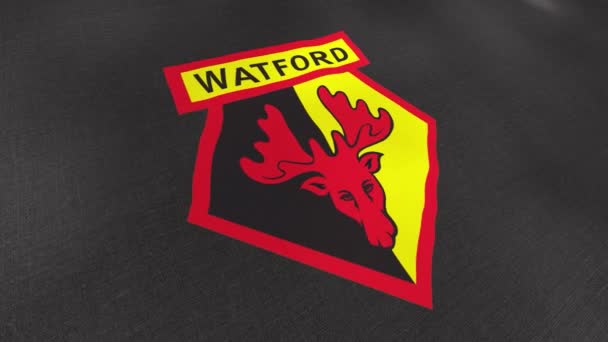 Club de fútbol profesional inglés de Watford. Moción. La brillante bandera en desarrollo del equipo de fútbol. Utilizar solo para editorial — Vídeo de stock