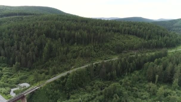 Vista superior da bela paisagem verde com caminhão dirigindo ao longo da estrada. Cena. Panorama de árvores verdes com estrada rural no verão. Paisagem de verão com estrada e sentido de viajar de carro — Vídeo de Stock