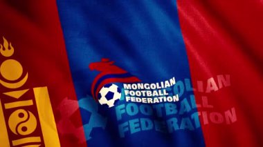 Moğol Futbol Federasyonu bayrağı. Hareket. Üzerinde futbol takımı logosu olan parlak bir tuval. Sadece yazı işleri için kullan