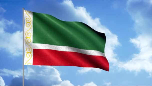 Bandeira da República Chechena. Moção. Um símbolo patriótico vermelho e verde brilhante do país, desenvolvendo-se sobre o céu azul em animação. — Vídeo de Stock