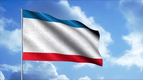 Vlajka Krymské republiky. Pohyb. Světlá vlajka s bílou červenou a modrou nad denní oblohou. — Stock video