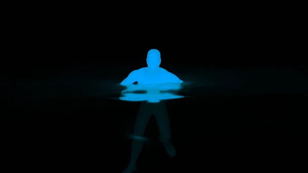 3d uomo che nuota. Progettazione. Silhouette fluorescente dell'uomo in acqua. Animazione 3D di uomo incandescente galleggiante in acqua su sfondo nero — Foto Stock