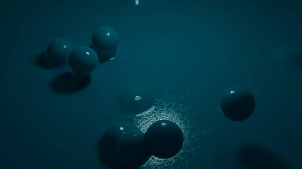 Piłki w 3d abstrakcji. Design.Balls, które odlatują z niebieskiego płynu i spadają z powrotem łącząc się z niebieskim tle. — Zdjęcie stockowe