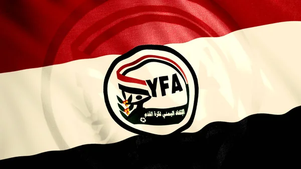 Η σημαία της Ένωσης Ποδοσφαίρου Υεμένης με το στρογγυλό σχήμα εμβλήματος. Κίνηση. Κυματίζοντας ρεαλιστικό αφηρημένο ύφασμα σημαίας 3D. Μόνο για εκδοτική χρήση. — Φωτογραφία Αρχείου