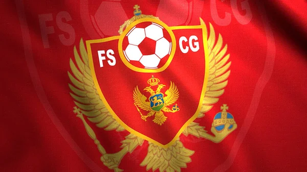 Fotboll fotboll med en örn på Fotbollsförbundet i Montenegro röd flagga. Rörelse. 3D realistisk abstrakt flagga tyg. Endast för redaktionellt bruk. — Stockfoto