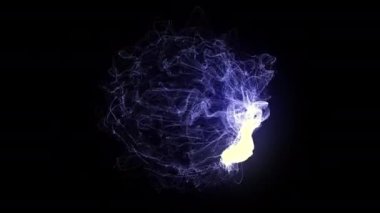 Soyut enerji küresi siyah bir arkaplanda izole edilmiş. Hareket. Leylak parçacıkları uçuşuyor ve parlayan ışıkla bir enerji topu oluşturuyor..
