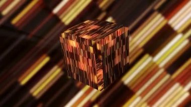 Animasyon arka planı, altın rengi mozaik fayanslarla kaplı parlayan küpün hareketiyle, pürüzsüz bir döngü. Hareket. Teknolojik fütürist geçmiş.