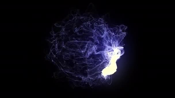 Abstrakt energi sfär isolerad på en svart bakgrund. Rörelse. Lilakpartiklar som flyger och bildar en energiboll med skinande ljus. — Stockvideo