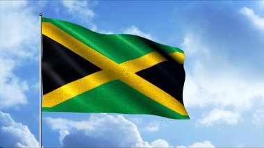 Gökyüzünde bayrak direğinde ülkenin bayrağı. Hareket. Gökyüzünde dalgalanan bayrağın 3 boyutlu animasyonu. Jamaika 'nın güzel bayrağı gökyüzünde