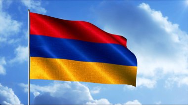  Ermenistan bayrağı. Hareket. Ermenistan Cumhuriyeti 'nin devlet sembollerinden biri. Bayrak üç eşit yatay kırmızı, mavi ve turuncu şeritten oluşan dikdörtgen bir paneldir..