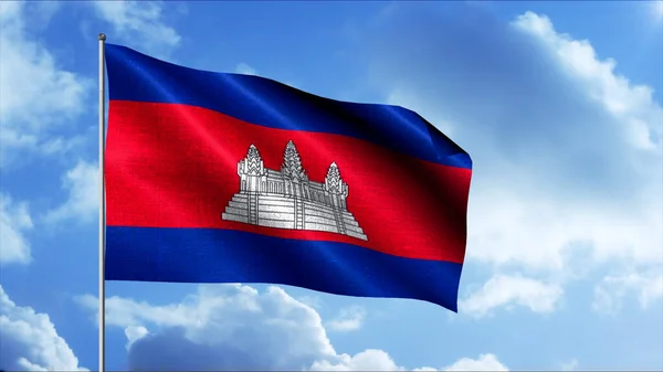 Σημαία της Καμπότζης. Κίνηση. Η σύγχρονη σημαία του Βασιλείου της Καμπότζης είναι ένα πάνελ με τρεις οριζόντιες ρίγες μπλε και κόκκινο των διαφόρων μεγεθών στο κέντρο με ένα λευκό παλάτι. — Φωτογραφία Αρχείου