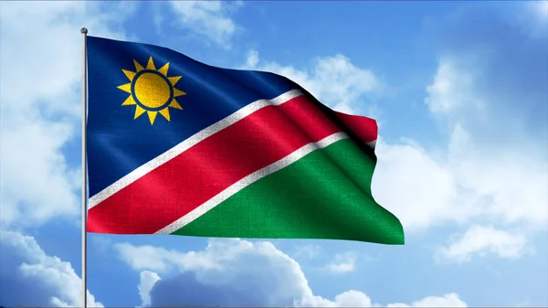 Namibya bayrağı. Hareket. Köşesi sarı güneş olan bu Afrika Cumhuriyeti 'nin ulusal sembolü.. — Stok fotoğraf