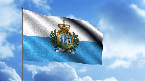 La bandiera di San Morino. Mozione. Bandiera leggera bicolore composta da bianco e blu al centro della quale è raffigurata un'immagine di tre torri circondata da rami di quercia e alloro. — Foto Stock