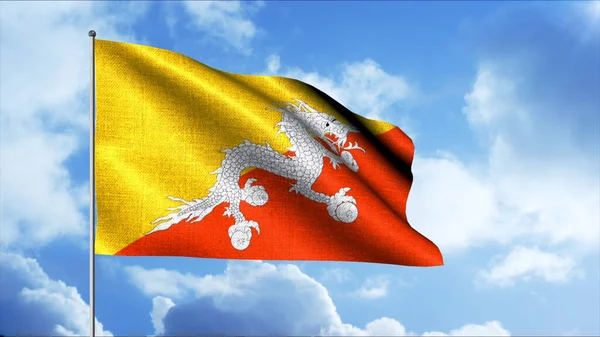 Bandeira do Butão. Moção. Dois triângulos de ângulo reto são visíveis na bandeira: o amarelo superior e o laranja inferior Dragão branco no centro da bandeira — Fotografia de Stock