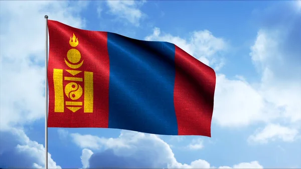 Bandeira da Mongólia. Moção. .. O emblema dourado do antigo signo budista é amarelo em uma bandeira vermelha e azul. — Fotografia de Stock