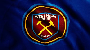 Hareket eden bayrağın armalı 3D animasyonu. Hareket. Futbol takımının armasını gösteren bir bayrak sallıyordu. Londra futbol takımının bayrağı