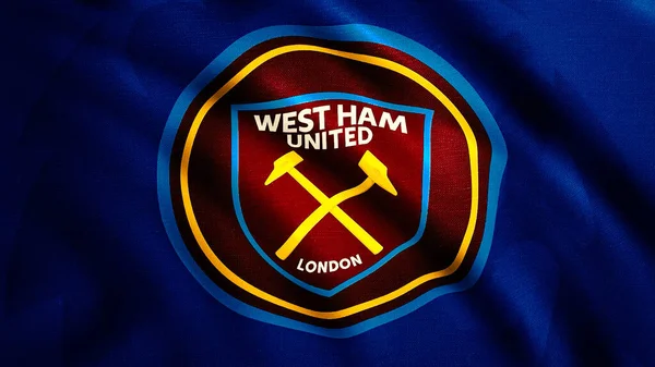 Hareket eden bayrağın armalı 3D animasyonu. Hareket. Futbol takımının armasını gösteren bir bayrak sallıyordu. Londra futbol takımının bayrağı