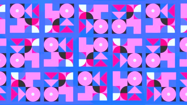 Abstraktion auf blauem Hintergrund. Bewegung. Weiße schwarze und rosa geometrische Formen ändern sich zu anderen, während sie die Farbe ändern. — Stockvideo