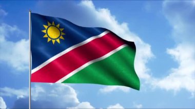 Namibya bayrağı. Hareket. Köşesi sarı güneş olan bu Afrika Cumhuriyeti 'nin ulusal sembolü..