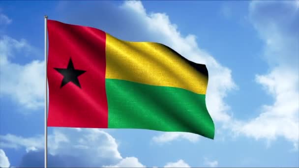 De vlag van Guinee-Bissau. De vlag van een onafhankelijke staat is gelegen aan de top tegen de hemel. — Stockvideo