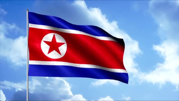 Le drapeau de la RPDC. Le drapeau national de la République populaire démocratique de Corée est un panneau rectangulaire avec 5 bandes horizontales de différentes largeurs et une étoile rouge dans un cercle blanc représenté — Video
