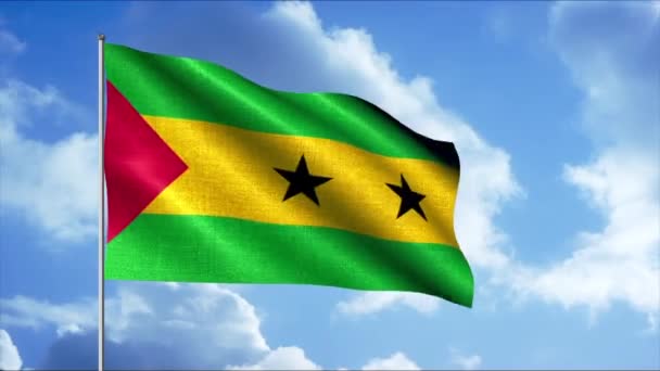 Флаг Сан-Томе и Принципа. Основными цветами флага являются зелёный, жёлтый, красный и чёрный. На полотне флага три горизонтальные полосы и две чёрные звезды. — стоковое видео