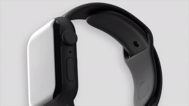 Close-up van zwarte abstracte horloge armband geïsoleerd op een witte achtergrond. Beweging. Nieuw modern smart watch apparaat. — Stockvideo